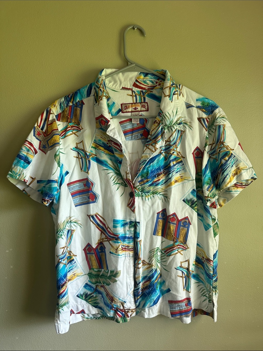 Caribbean White Tropical Beach Print Short Sleeve Button-Down